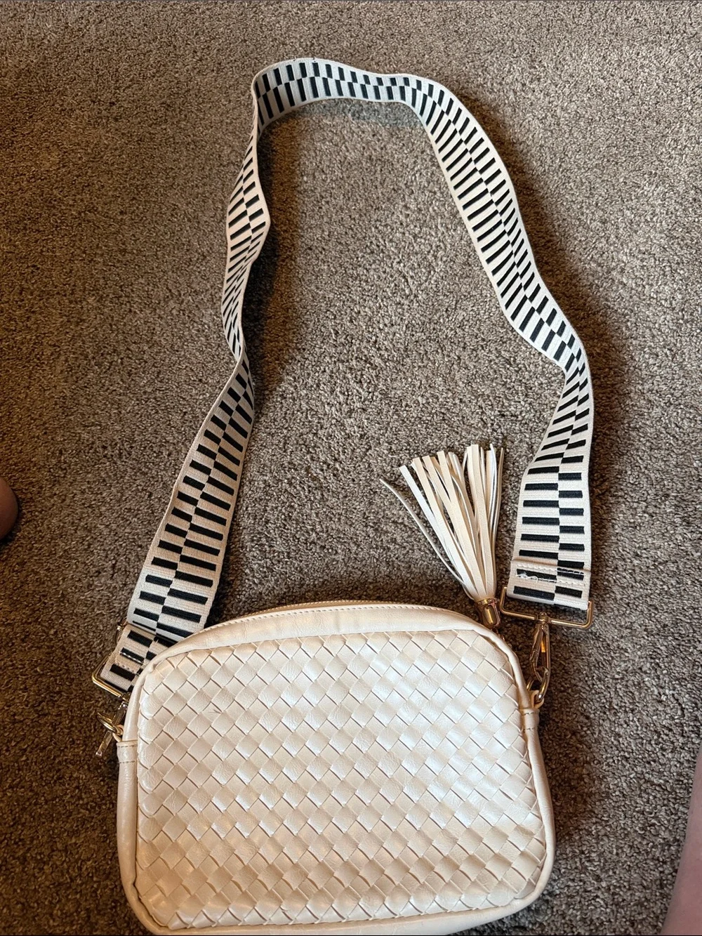 Woven Leather Crossbody Bag with Black & White Strap - Cream